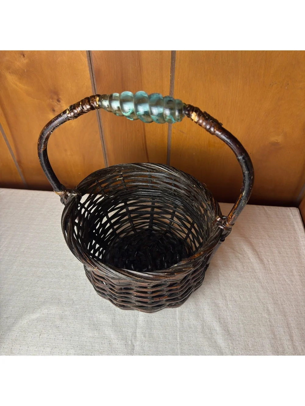 Vintage Wicker Basket Glass Handle Accent Dark Brown Woven Rustic Boho Decor